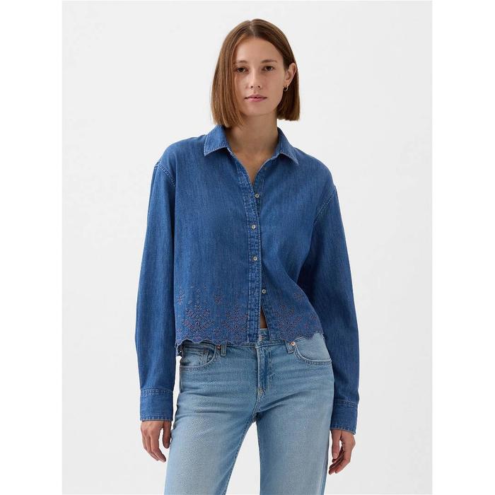 Укороченная джинсовая рубашка с вышивкой гирляндой цвет: Голубой