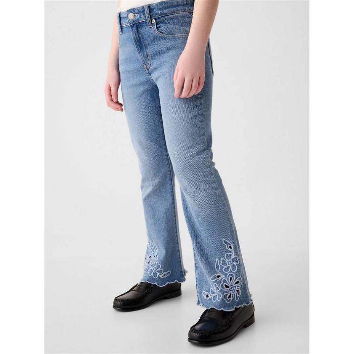 Джинсовые брюки-клеш 70-х с высокой посадкой и вышивкой цвет: Голубой