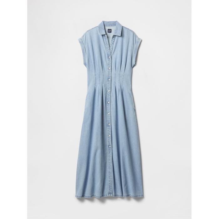 Denim Pileli Maxi Gömlek Elbise цвет: Голубой