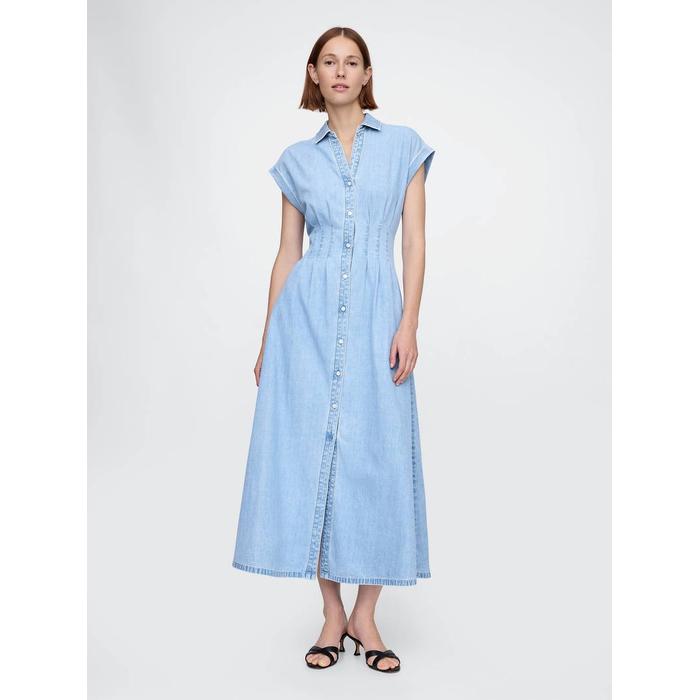 Denim Pileli Maxi Gömlek Elbise цвет: Голубой