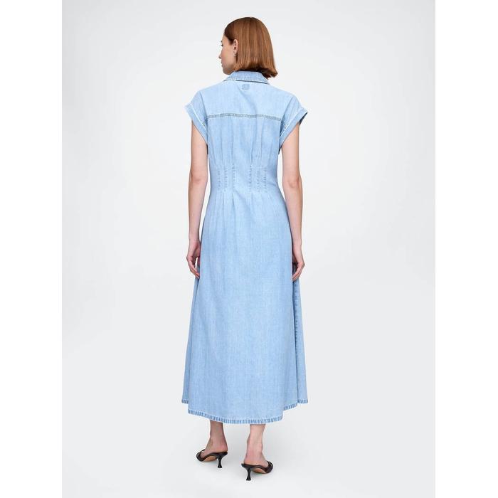 Denim Pileli Maxi Gömlek Elbise цвет: Голубой