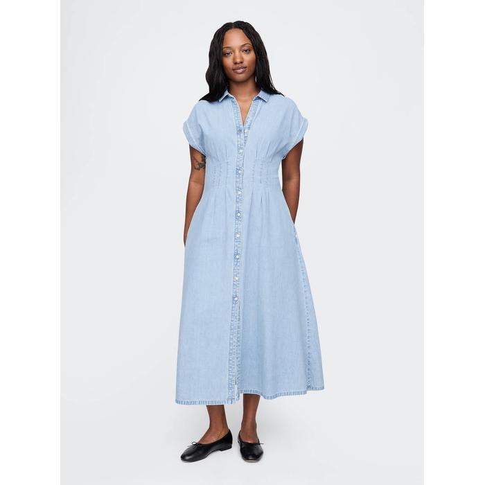 Denim Pileli Maxi Gömlek Elbise цвет: Голубой