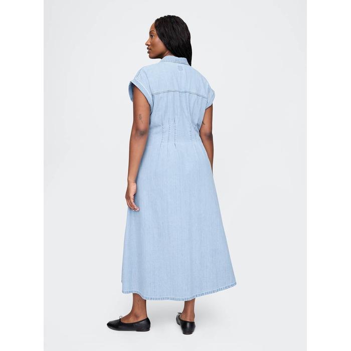 Denim Pileli Maxi Gömlek Elbise цвет: Голубой