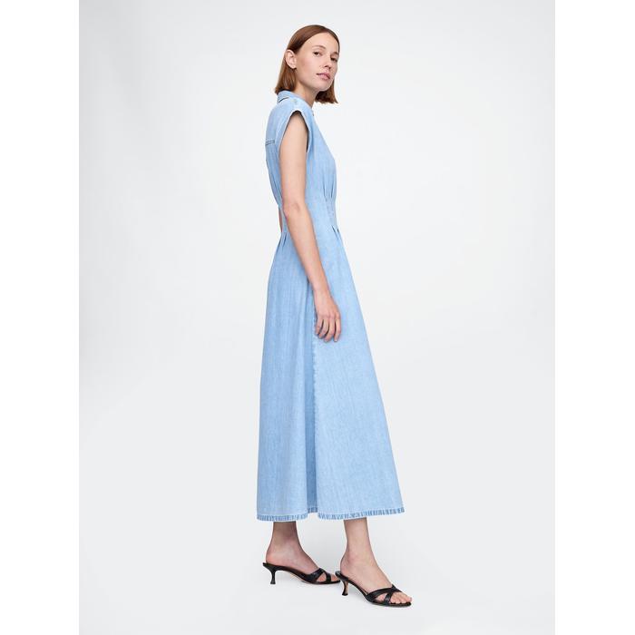 Denim Pileli Maxi Gömlek Elbise цвет: Голубой