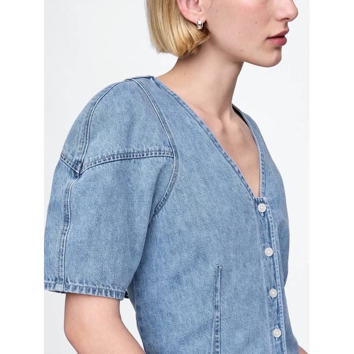 Kabarık Kol Denim Crop Bluz цвет: Голубой