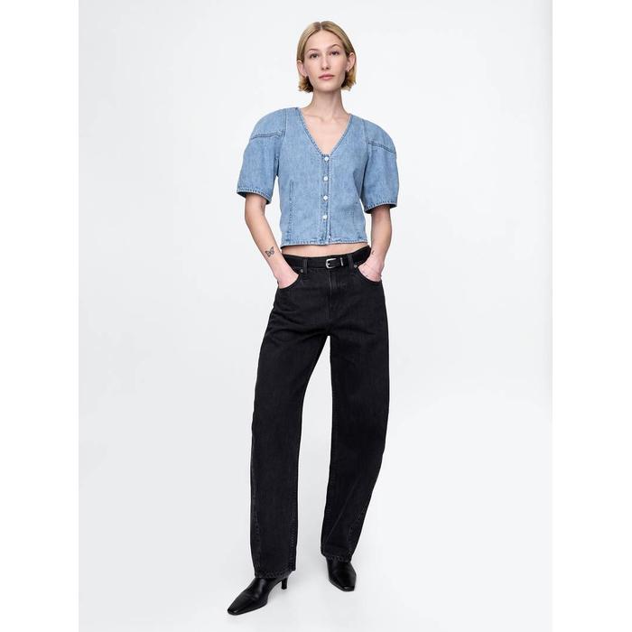 Kabarık Kol Denim Crop Bluz цвет: Голубой