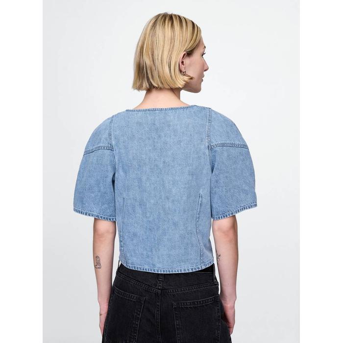 Kabarık Kol Denim Crop Bluz цвет: Голубой
