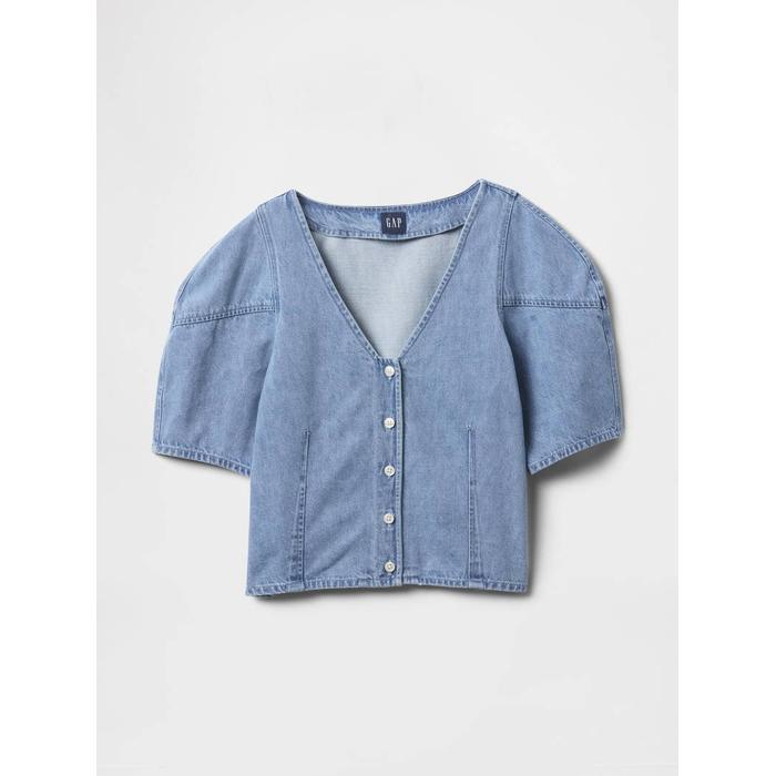 Kabarık Kol Denim Crop Bluz цвет: Голубой
