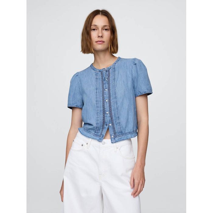 Dantel Detaylı Crop Denim Bluz
