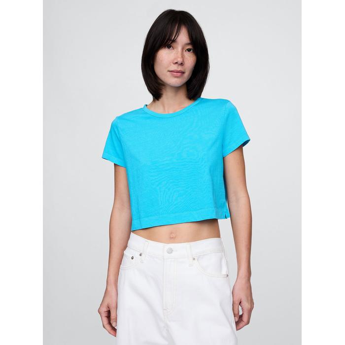 %100 Organik Pamuk Vintage Soft Crop T-Shirt цвет: Голубой