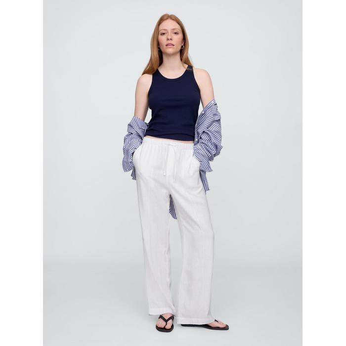 Mid Rise Keten Karışımlı Pull-On Wide-Leg Pantolon цвет: Белый