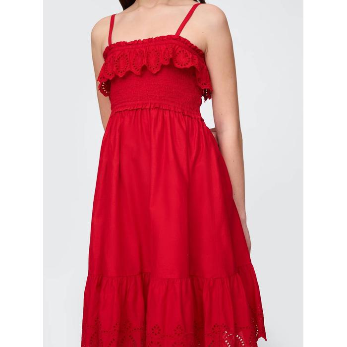Kids Smocked Ruffle Midi Elbise цвет: Красный