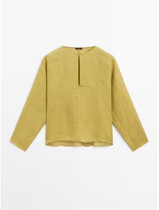 Блуза из 100% льна с V-образным вырезом цвет: Горчично-желтый