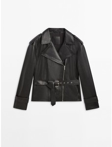 Черная куртка в байкерском стиле из кожи наппа с ремнем цвет: Черный