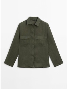 Рубашка из 100% льна с карманами цвет: Темно-зеленый