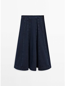 Расклешенная джинсовая юбка миди с декоративной строчкой цвет: Темно-синий