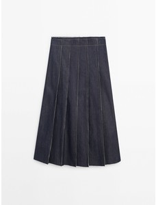 Джинсовая юбка миди с декоративной строчкой и необработанным низом цвет: Темно-синий