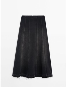 Джинсовая юбка миди с декоративной строчкой и необработанным низом цвет: Маренго