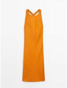 Платье миди из смесового льна с черной деталью цвет: Оранжевый
