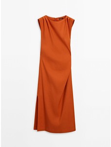 Платье из эластичного смесового льна со складками цвет: Оранжевый