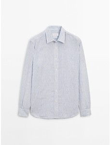 Рубашка классического кроя из 100% льна в полоску цвет: Темно-синий