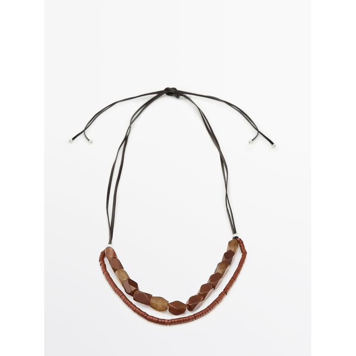 Double cord stone necklace leather цвет: Гранатовый