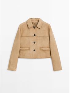 Short suede leather jacket with stitching цвет: Песочный