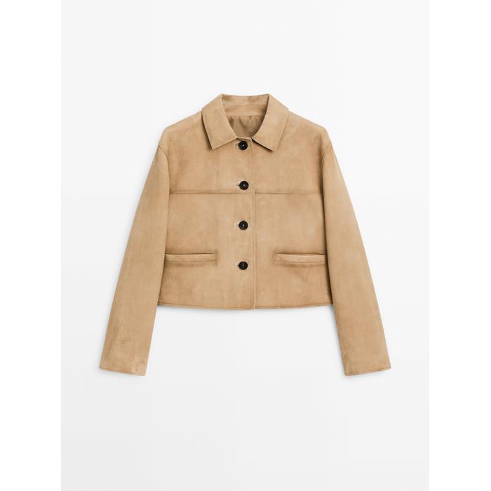 Short suede leather jacket with stitching цвет: Песочный