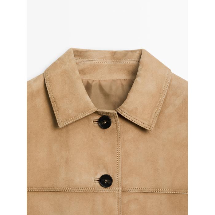 Short suede leather jacket with stitching цвет: Песочный
