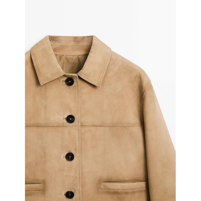 Short suede leather jacket with stitching цвет: Песочный