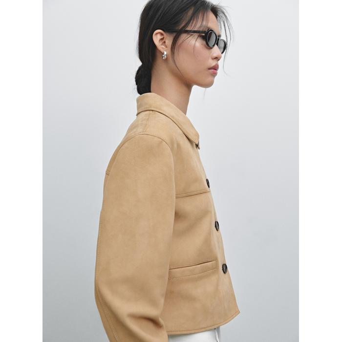 Short suede leather jacket with stitching цвет: Песочный