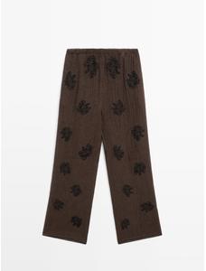 Fluid textured pants with embroidered detail цвет: Шоколадный