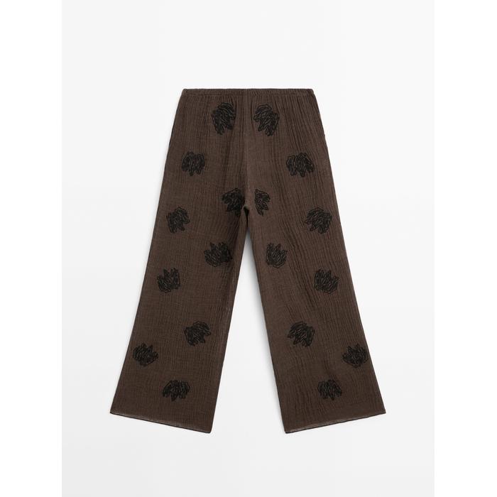 Fluid textured pants with embroidered detail цвет: Шоколадный