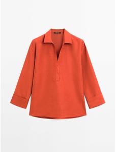 Polo neck blouse with linen цвет: Терракотовый