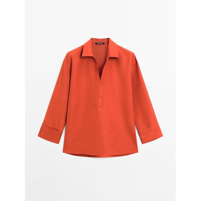 Polo neck blouse with linen цвет: Терракотовый