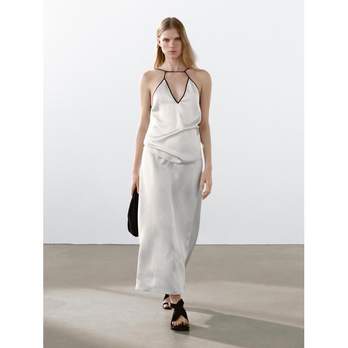 Satin midi skirt with piping detail цвет: Натуральный, кремовый