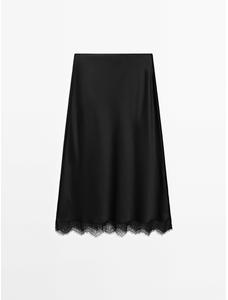 Satin midi skirt with lace details цвет: Черный