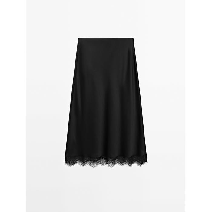 Satin midi skirt with lace details цвет: Черный