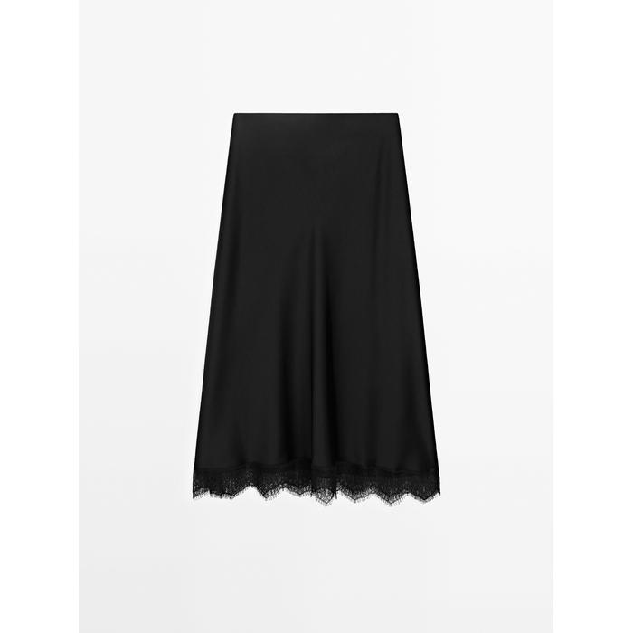 Satin midi skirt with lace details цвет: Черный