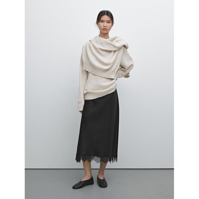 Satin midi skirt with lace details цвет: Черный