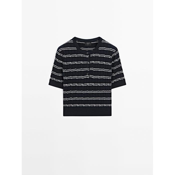Short sleeve striped cotton sweater цвет: Темно-синий