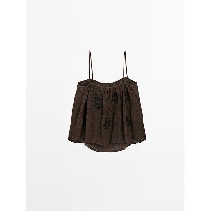 Fluid textured top with embroidered detail цвет: Шоколадный