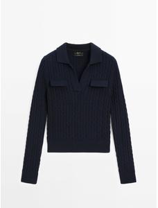 Cotton polo neck braided knitted sweater цвет: Темно-синий