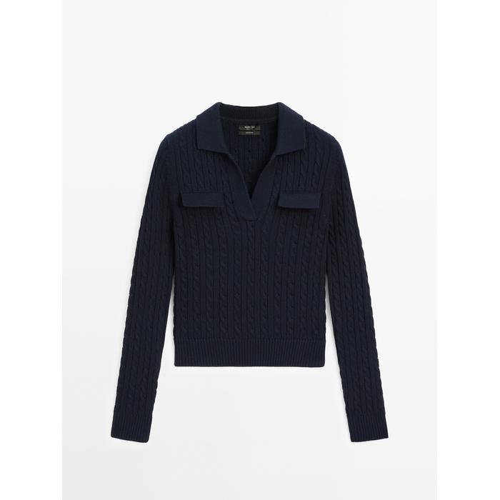 Cotton polo neck braided knitted sweater цвет: Темно-синий