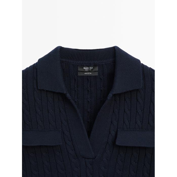 Cotton polo neck braided knitted sweater цвет: Темно-синий
