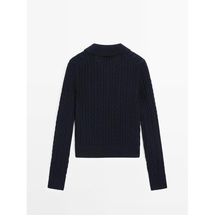 Cotton polo neck braided knitted sweater цвет: Темно-синий