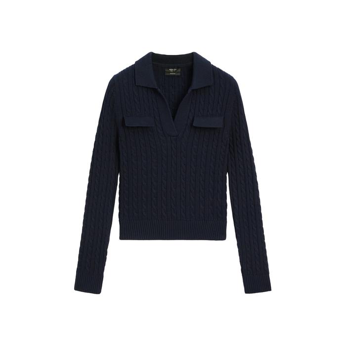 Cotton polo neck braided knitted sweater цвет: Темно-синий