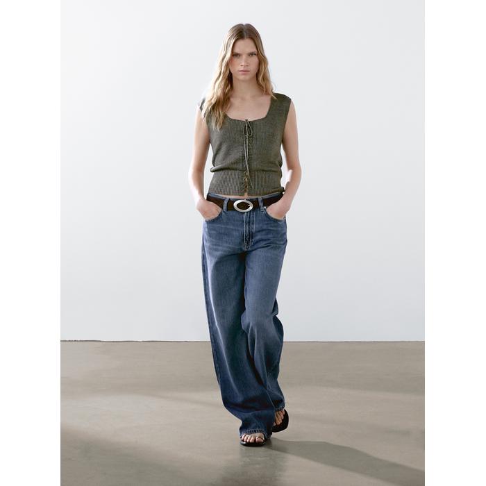 Corset-style knit top with linen цвет: Зеленоватый