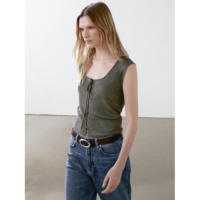 Corset-style knit top with linen цвет: Зеленоватый