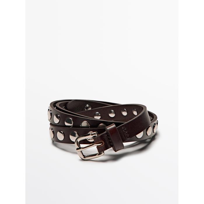 Thin belt studded nappa leather цвет: Коричневый